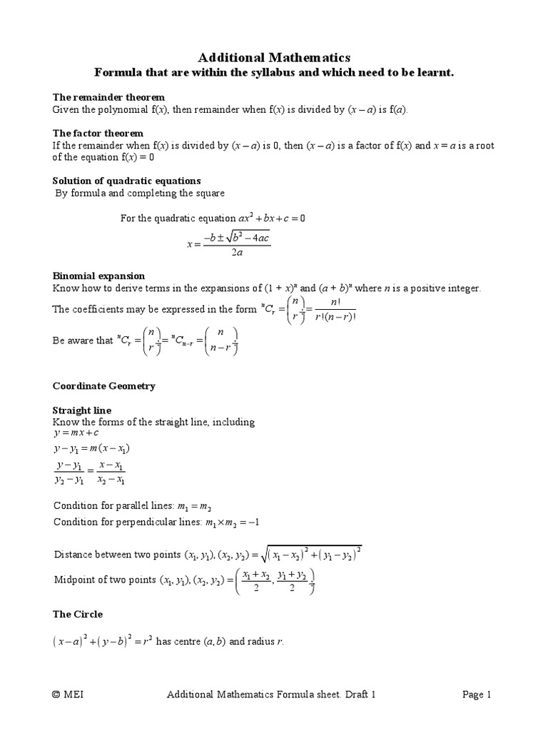 Igcse Additional Mathematics Formula Sheet Pdf