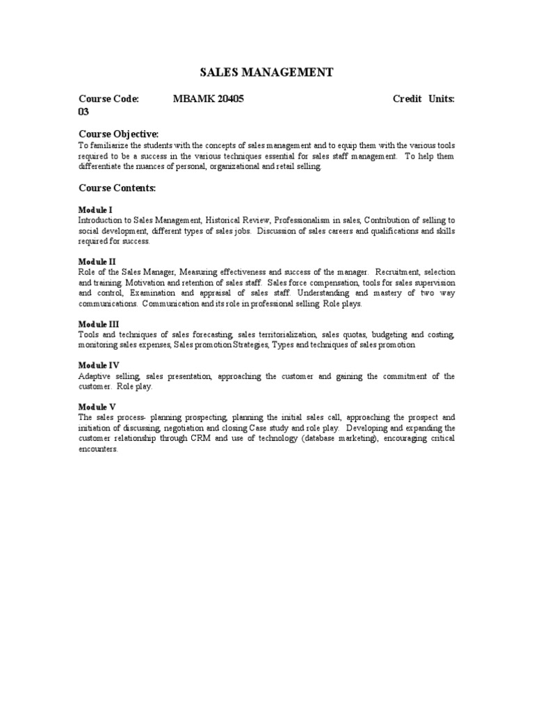 Sales Management Course Overview | PDF