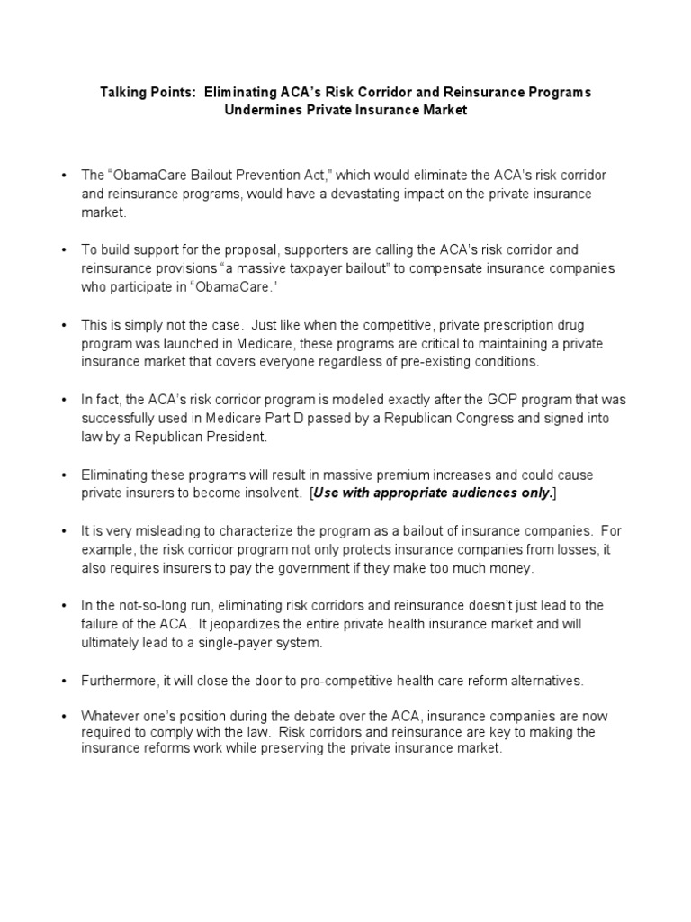 CEO Talking Points On Risk Corridor Repeal  PDF