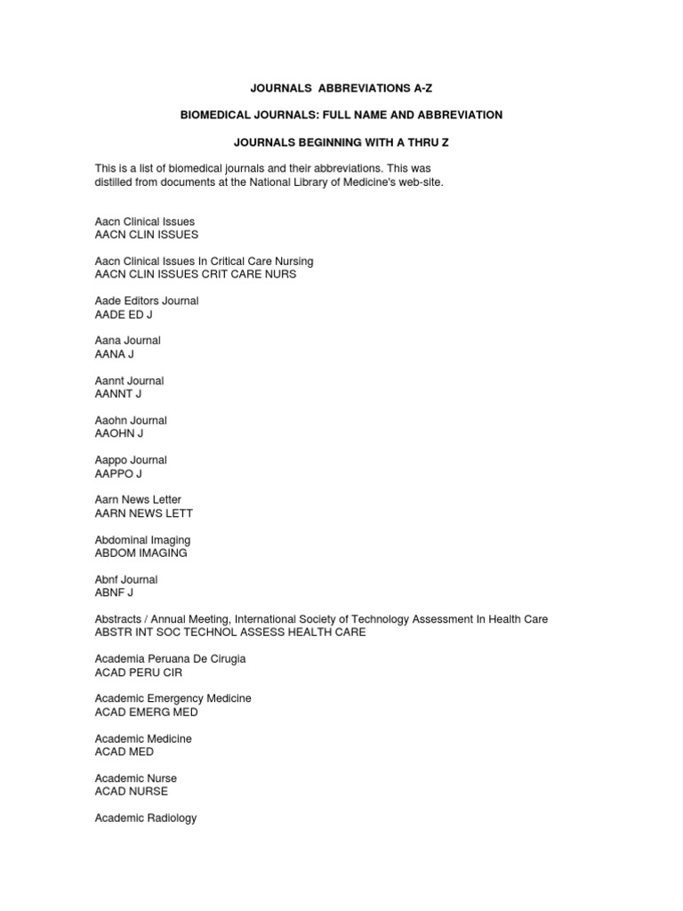 Journals Abbreviations AZ PDF Pharmacology Medicine