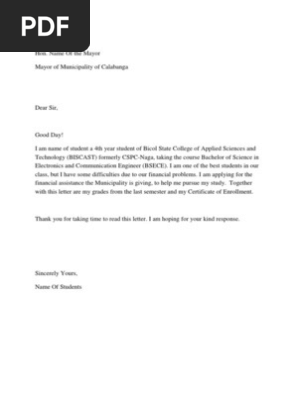 Sample Scholarship Application Letter,Mayor