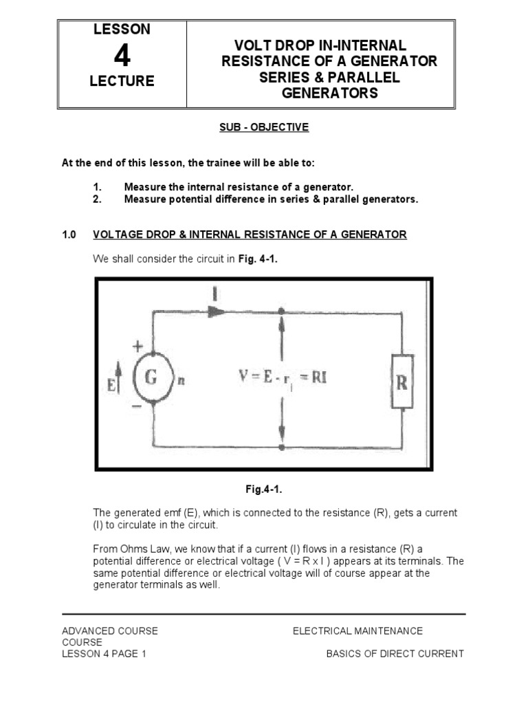 Lesson Volt Drop InInternal Resistance of A Generator Series