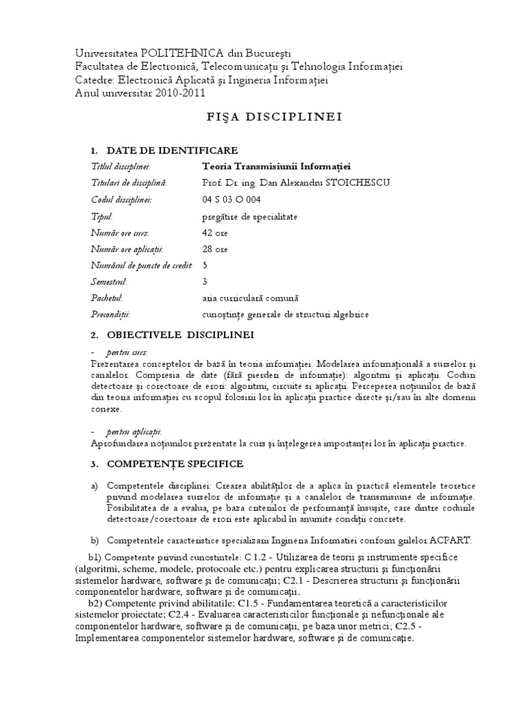 03.004 Teoria Transmiterii Informatiei | PDF