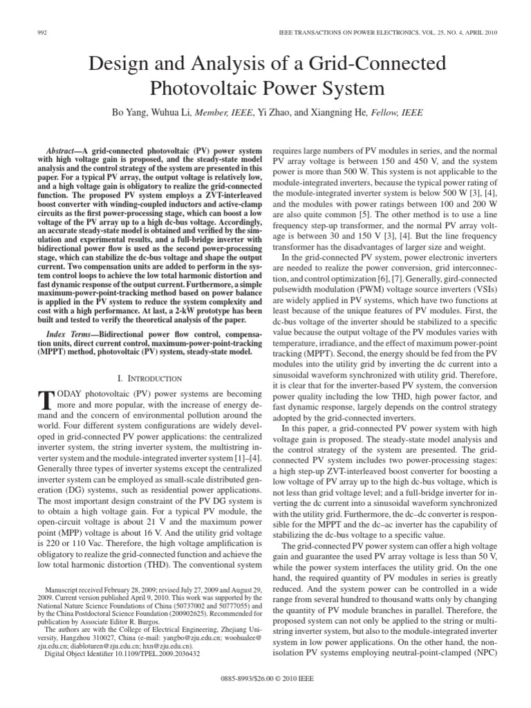 Design and Analysis of A Grid-Connected Photovoltaic Power System | PDF ...