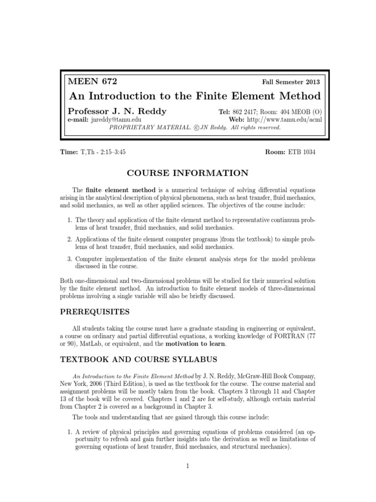 Intro To Fea J Reddy Syllabus | PDF | Finite Element Method | Test ...