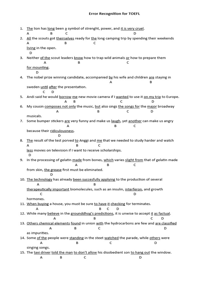 TOEFL Error Recognition Examples | PDF