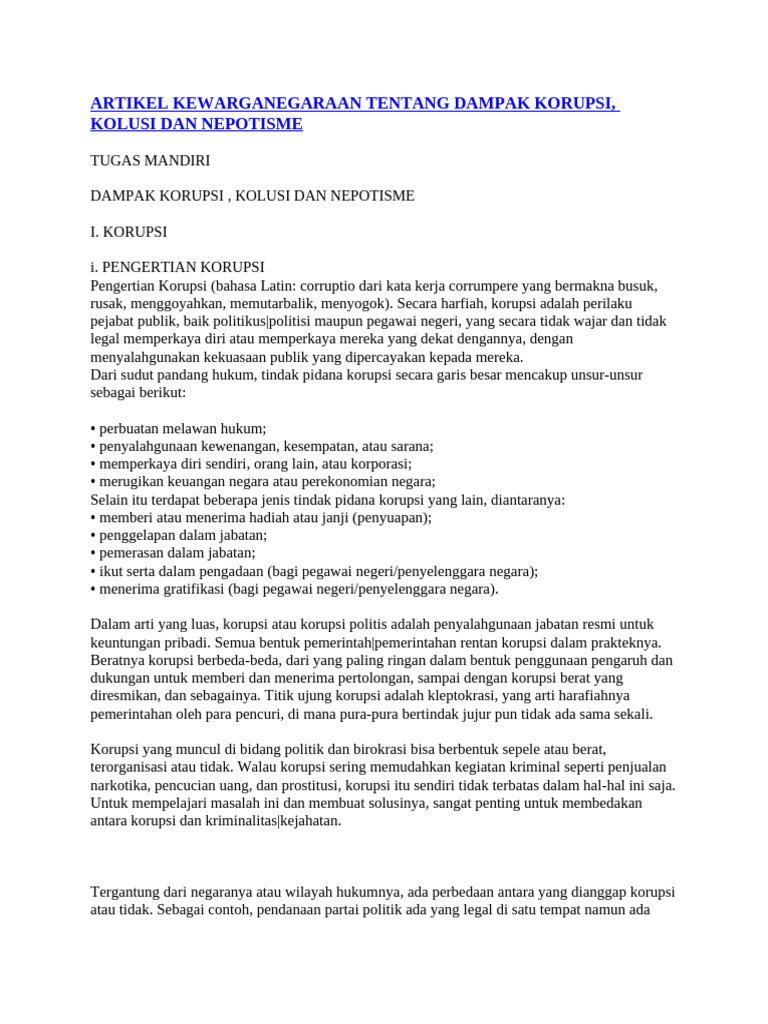 Artikel Kewarganegaraan Tentang Dampak Korupsi