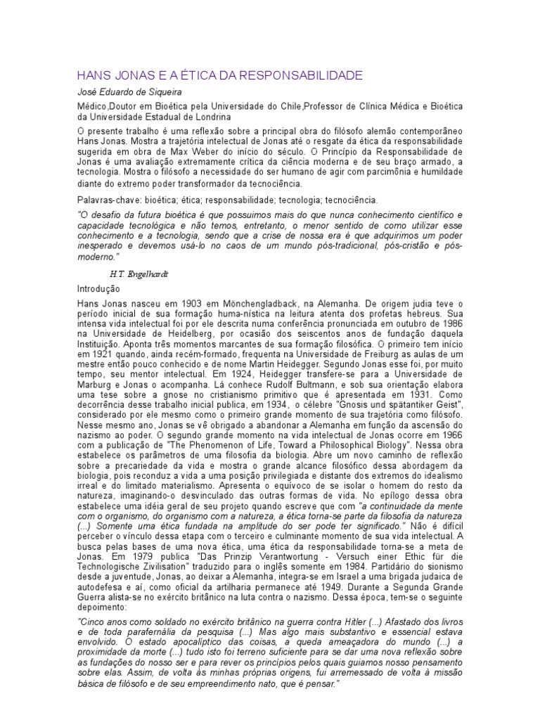 Ética da Responsabilidade de Hans Jonas | PDF | Humano | Science