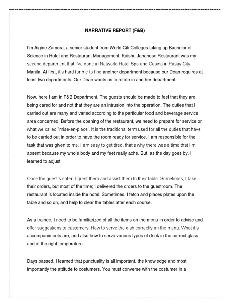 NARRATIVE REPORT Restaurants Menu