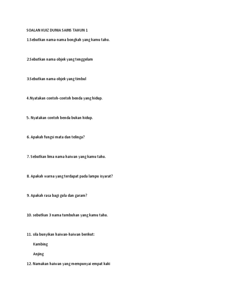 Kuiz Sains Tahun 1 Pdf