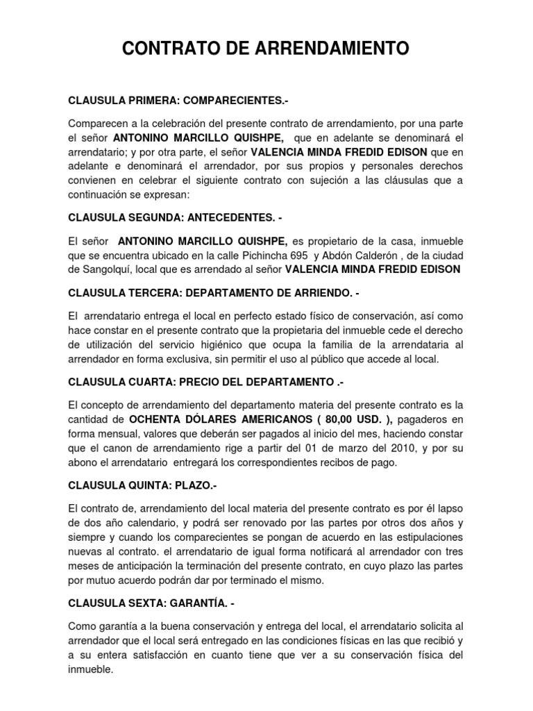 Contrato de Arrendamiento Alquiler Pagos