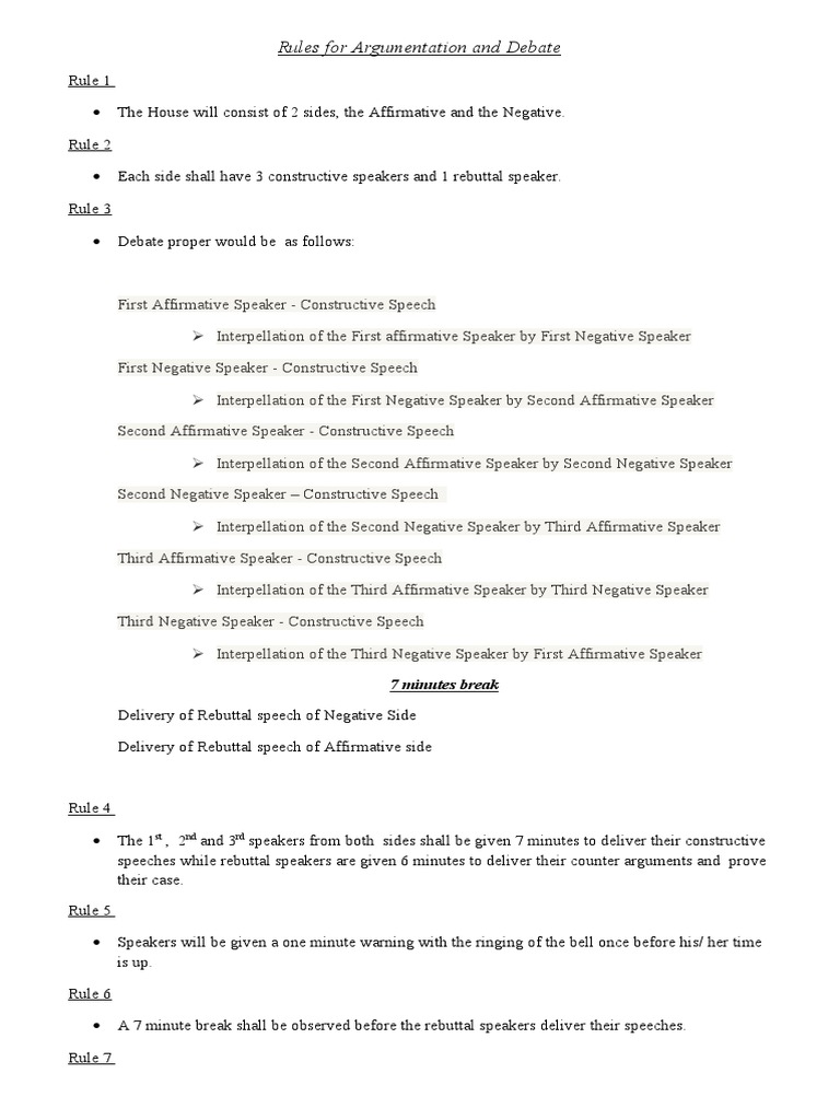 Rules For Argumentation and Debate: 7 Minutes Break | PDF | Public ...