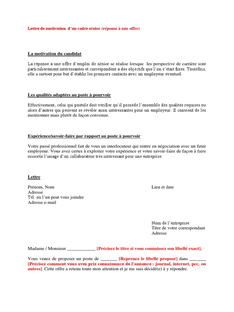 Lettre Motivation Dun Cadre Senior Reponse Une Offre 