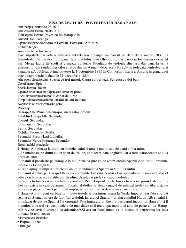 Fisa de Lectura HARAP ALB