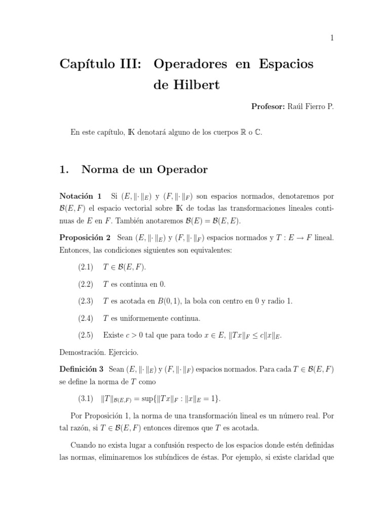 Operadores en Espacios de Hilbert PDF PDF Espacio de Hilbert