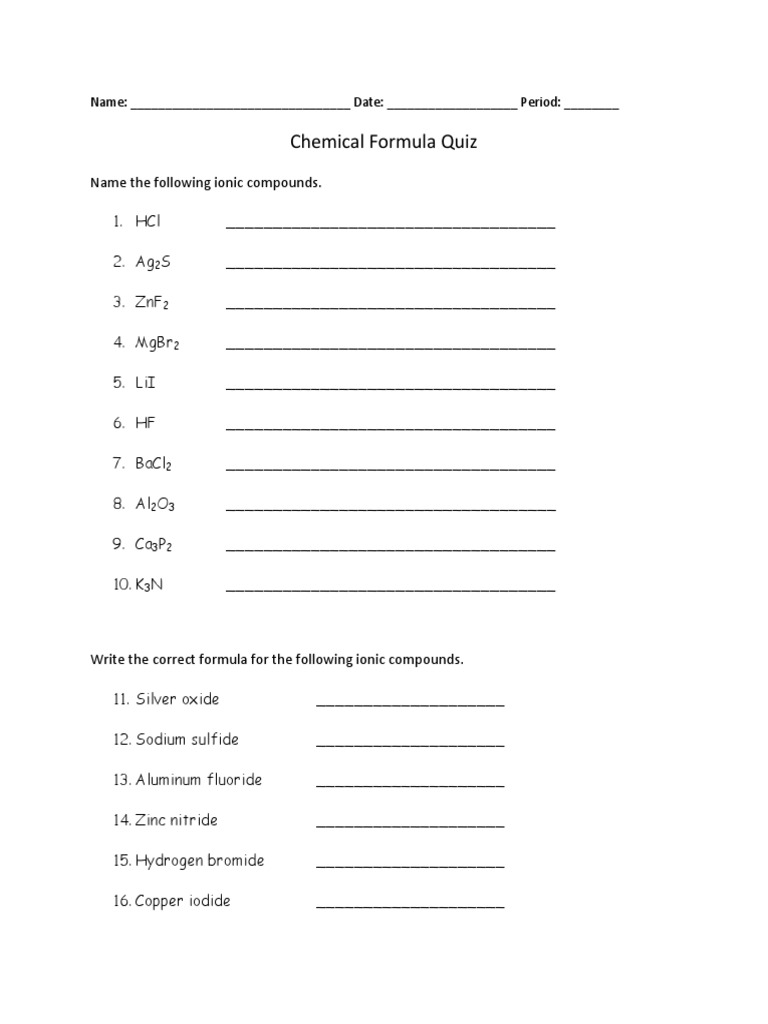 Chemical Formula Quiz PDF