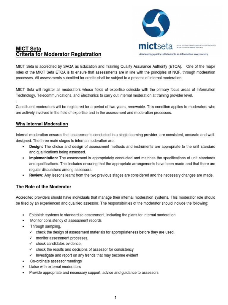 Mict Seta Moderator Registration Criteria 2012 Forum Educational Assessment