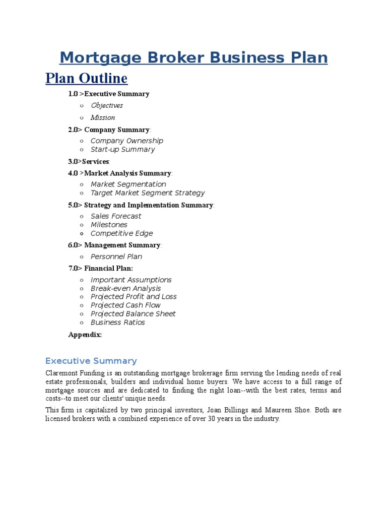 mortgage business plan template