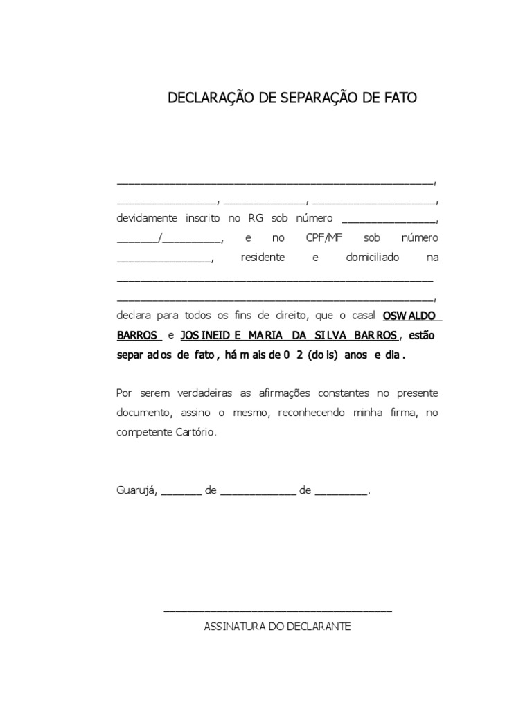 Declaração de Separação de Fato
