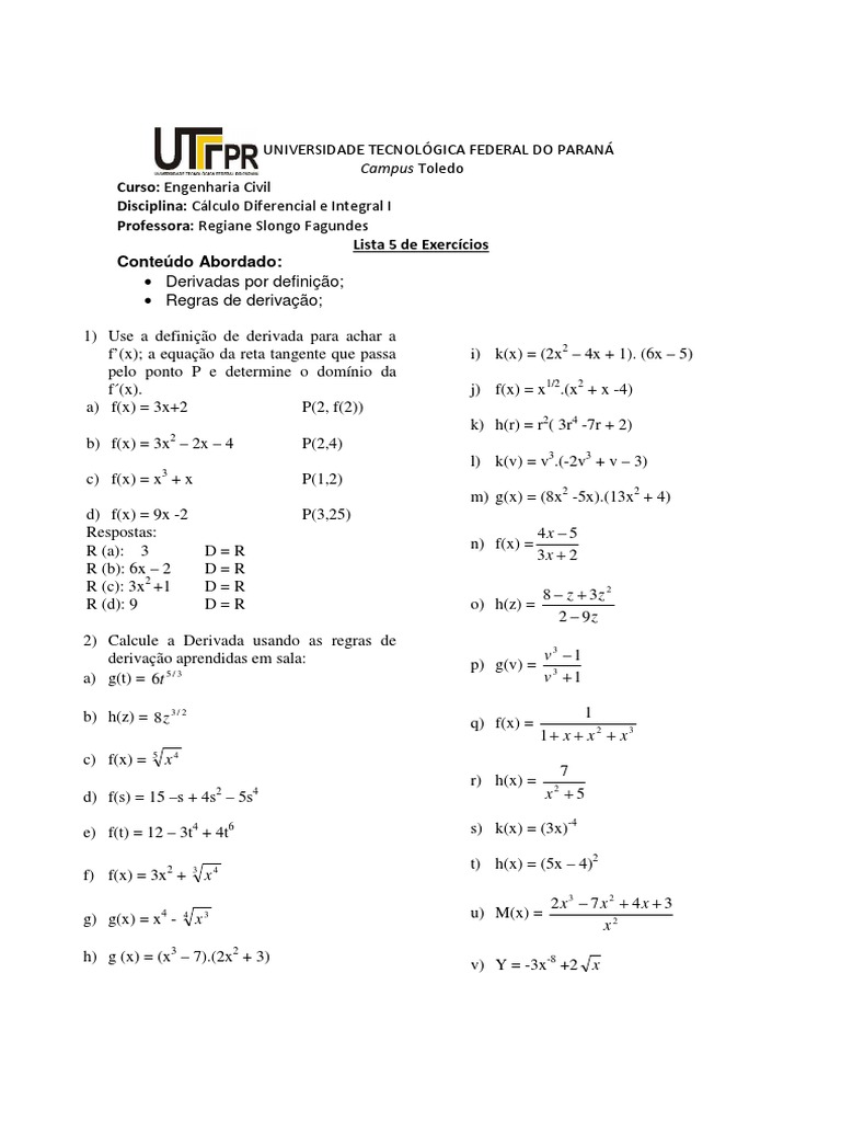 5ª Lista Cdi Derivadas