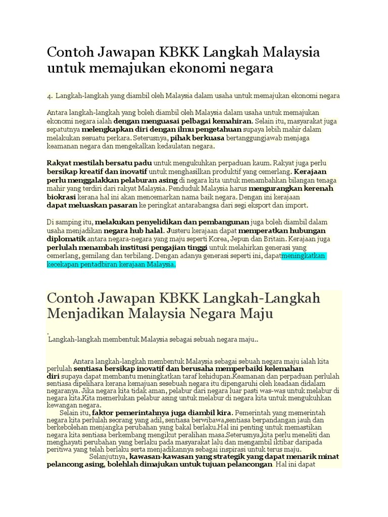 Contoh Jawapan KBKK Langkah Malaysia Untuk Memajukan 