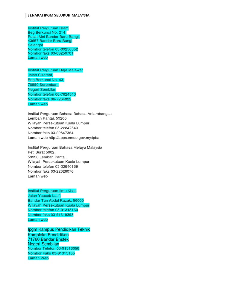 Senarai Ipgm Seluruh Malaysia  PDF