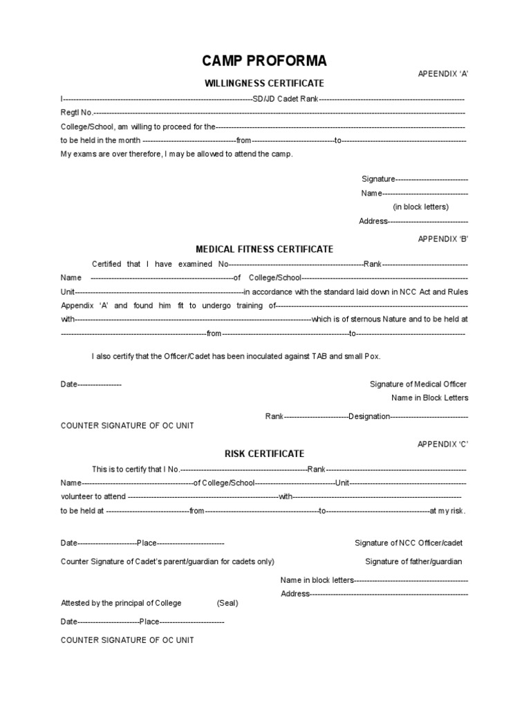 NCC Camp Proforma | PDF | Cadet | Non Commissioned Officer