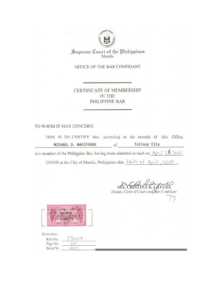 Certificate of Membership in The Philippine Bar | PDF