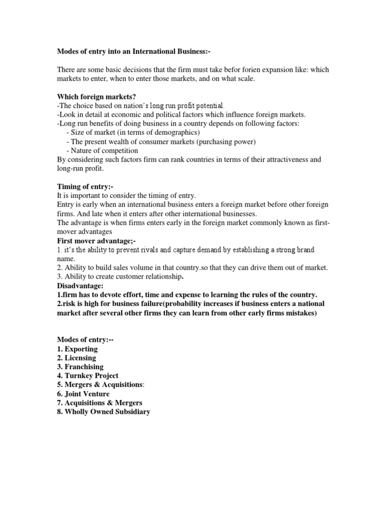 Modes of Entry Into An International Business | PDF | Subsidiary ...