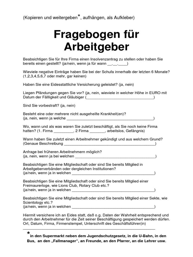Fragebogen Für Arbeitgeber | PDF
