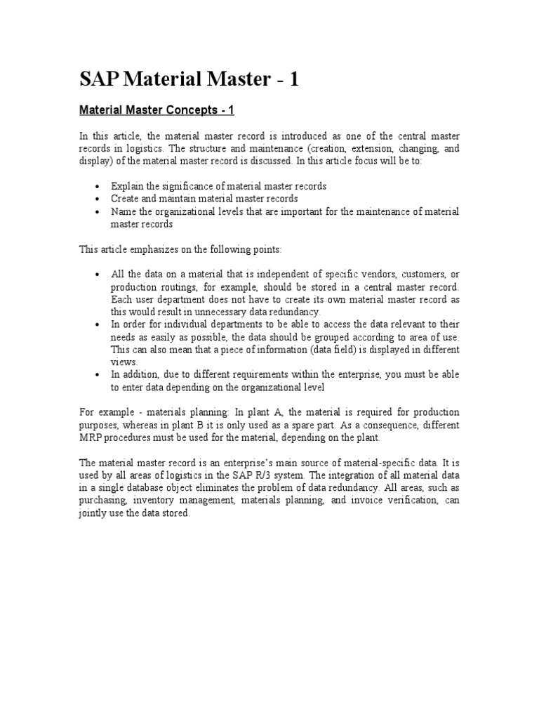 SAP Material Master Record Overview | PDF | Databases | Database ...