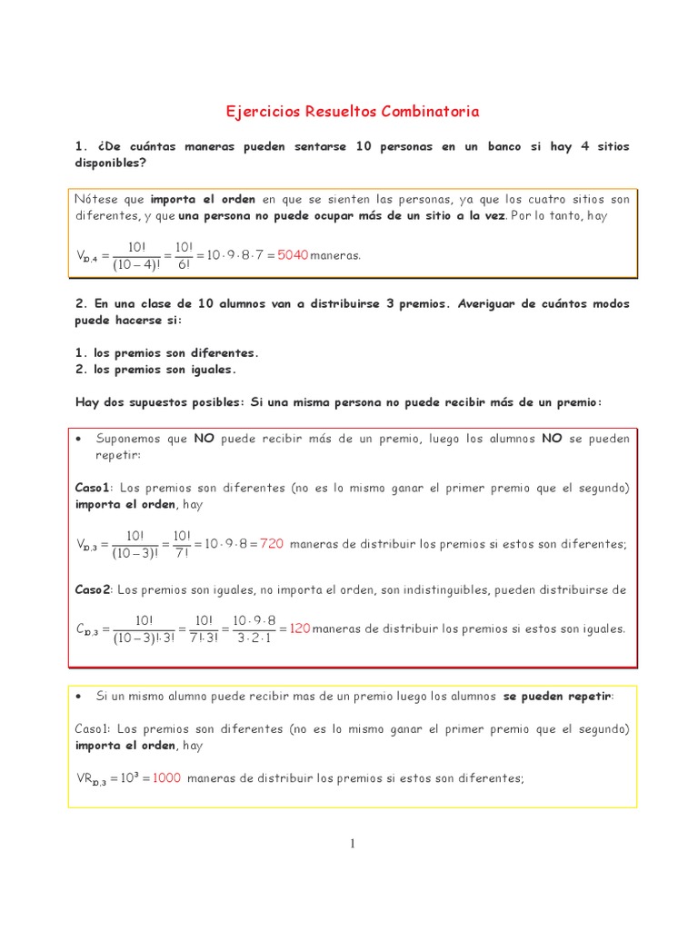 Ejercicios de Combinatoria Resueltos | PDF | Métodos y materiales de ...