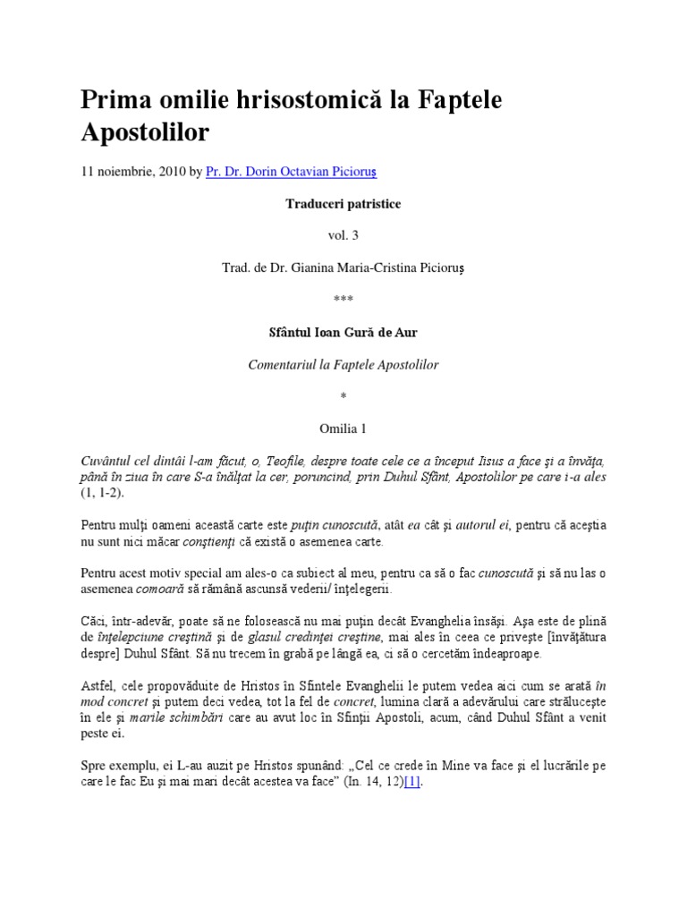 Prima Omilie Hrisostomică La Faptele Apostolilor SF Ioan Gura de Aur | PDF