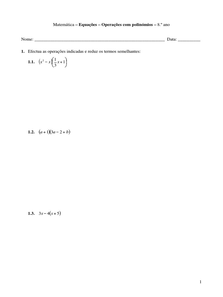 Operações com Polinômios - 8.º Ano | PDF
