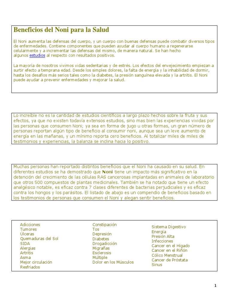 Beneficios Del Noni para La Salud PDF Cáncer Artritis