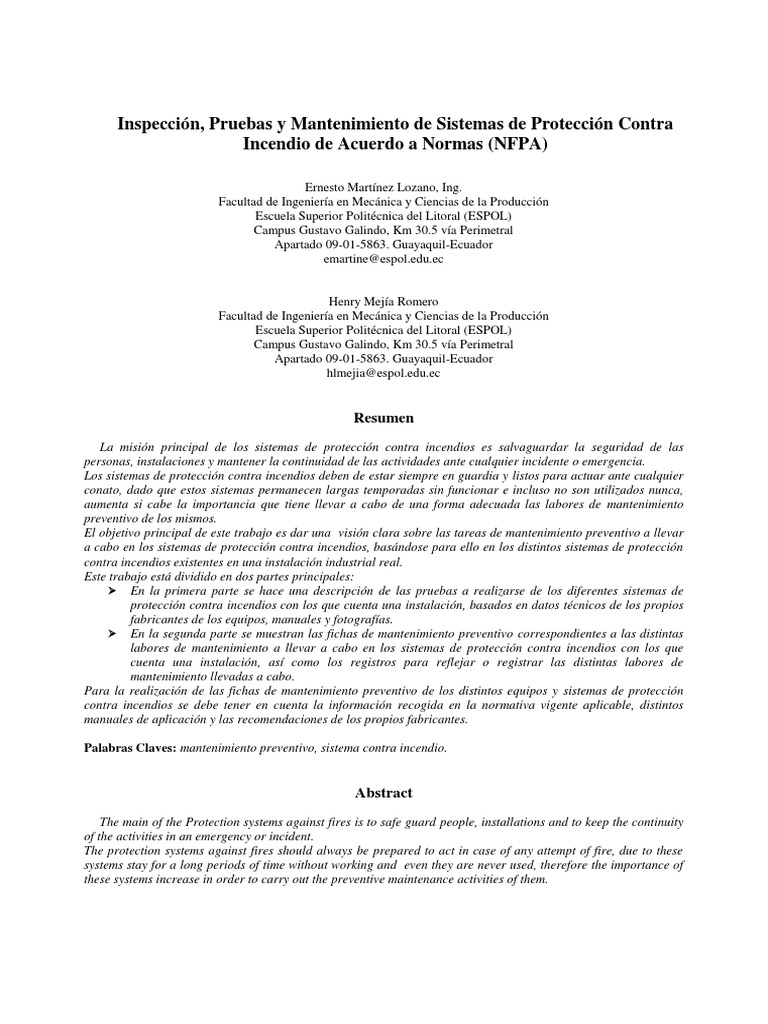 Inspección, Pruebas y Mantenimiento de Sistemas de Protección Contra  Incendio de Acuerdo a Normas (NFPA)