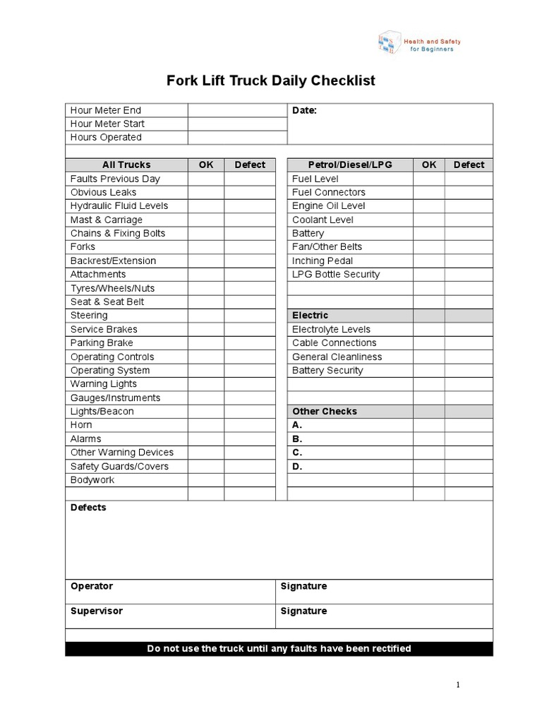 Fork Lift Truck Daily Checklist | PDF | Industries | Vehicle Parts for Free Printable Daily Forklift Inspection Checklist