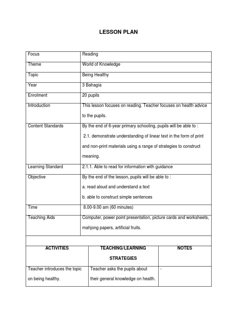 Healthy Reading Lesson Plan for Year 3 | PDF