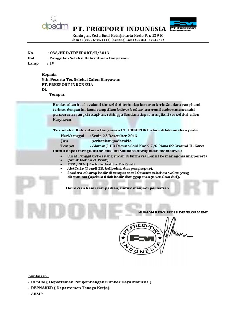 Contoh Surat Lamaran Kerja Pt Freeport Indonesia