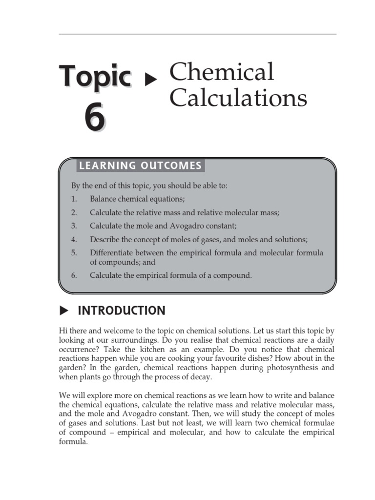Topic 6 Chemical Calculations Pdf Mole Unit Molecules
