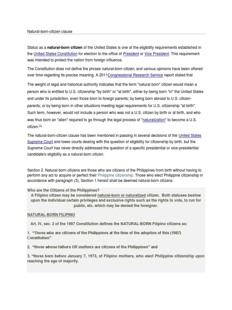 Natural Born Citizenship United States Nationality Law Citizenship