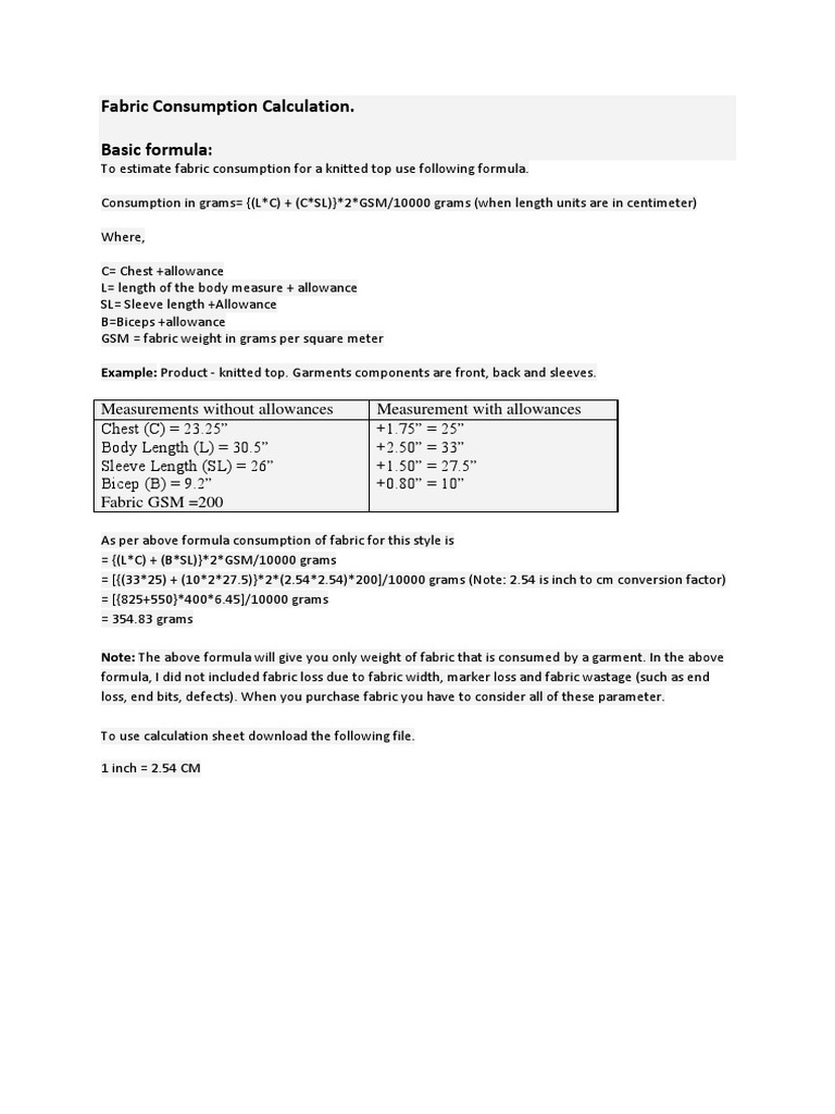 Fabric Consumption Calculation Knitting Nature