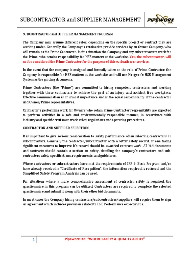 Subcontractor and Supplier Management Program - Updated | PDF | General ...
