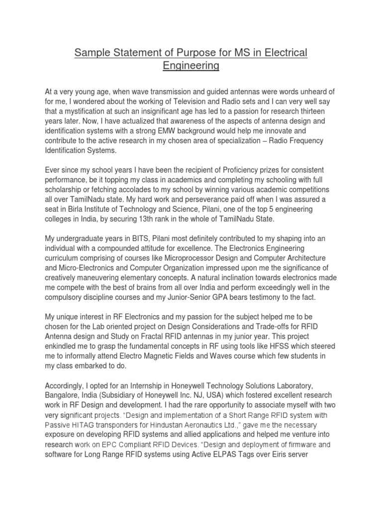 Sample Statement of Purpose For MS in Electrical Engineering | PDF ...