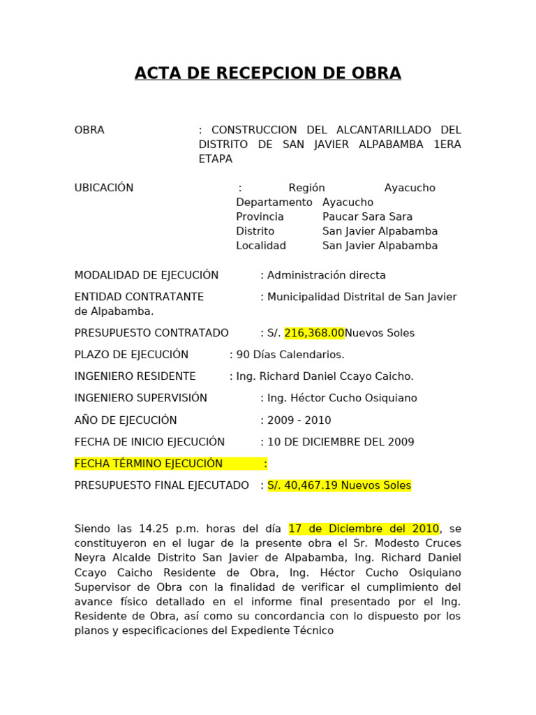 Acta Recepcion de Obra