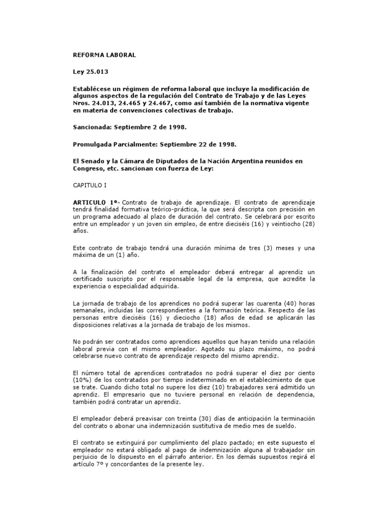 Reforma Laboral Argentina 1998 | PDF | Derecho laboral | Acuerdo colectivo