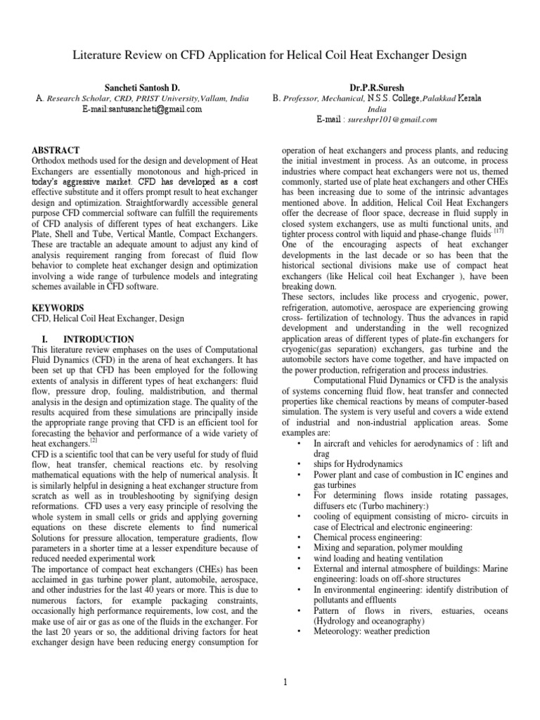 Literature Review On CFD Application For Helical Coil Heat Exchanger ...
