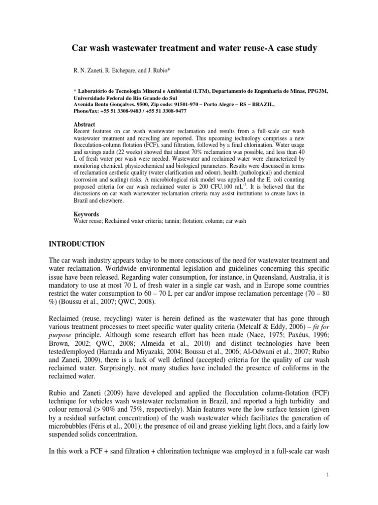 Car Wash Wastewater Reclamation Study | PDF | Reclaimed Water | Sewage ...