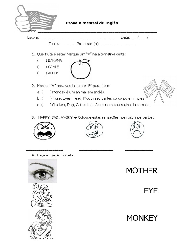 Prova Bimestral de Inglês - 3º Ano Do Ensino Infantil | PDF