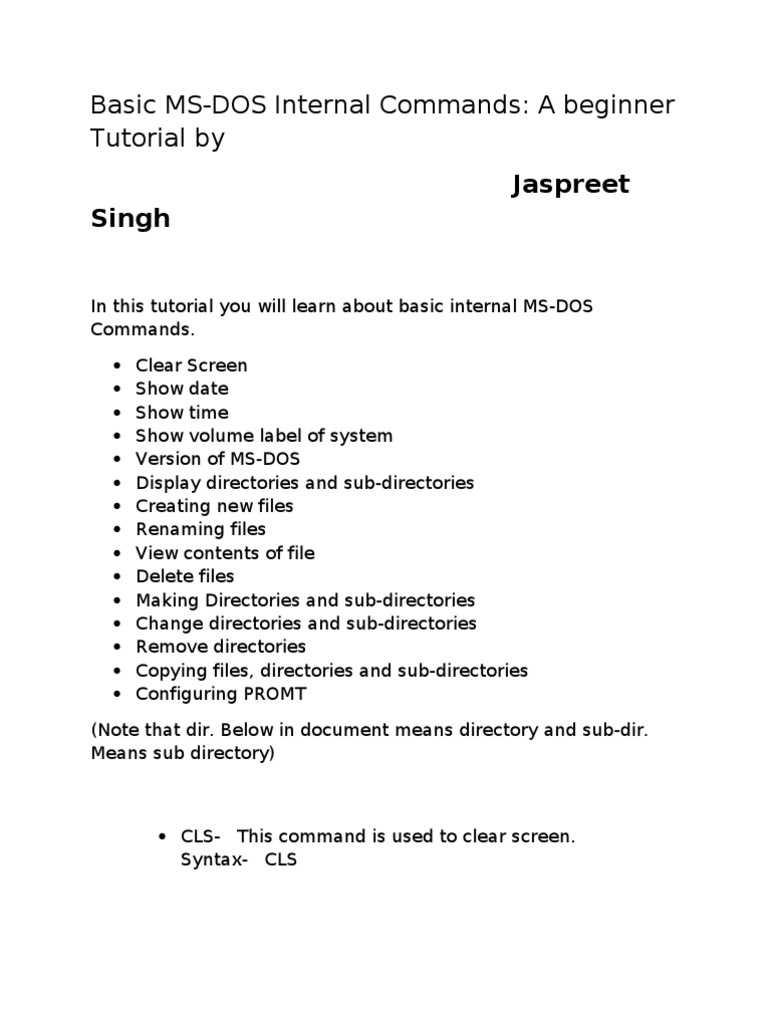 Basic ms dos internal commands a beginner tutorial by jaspreet pdf